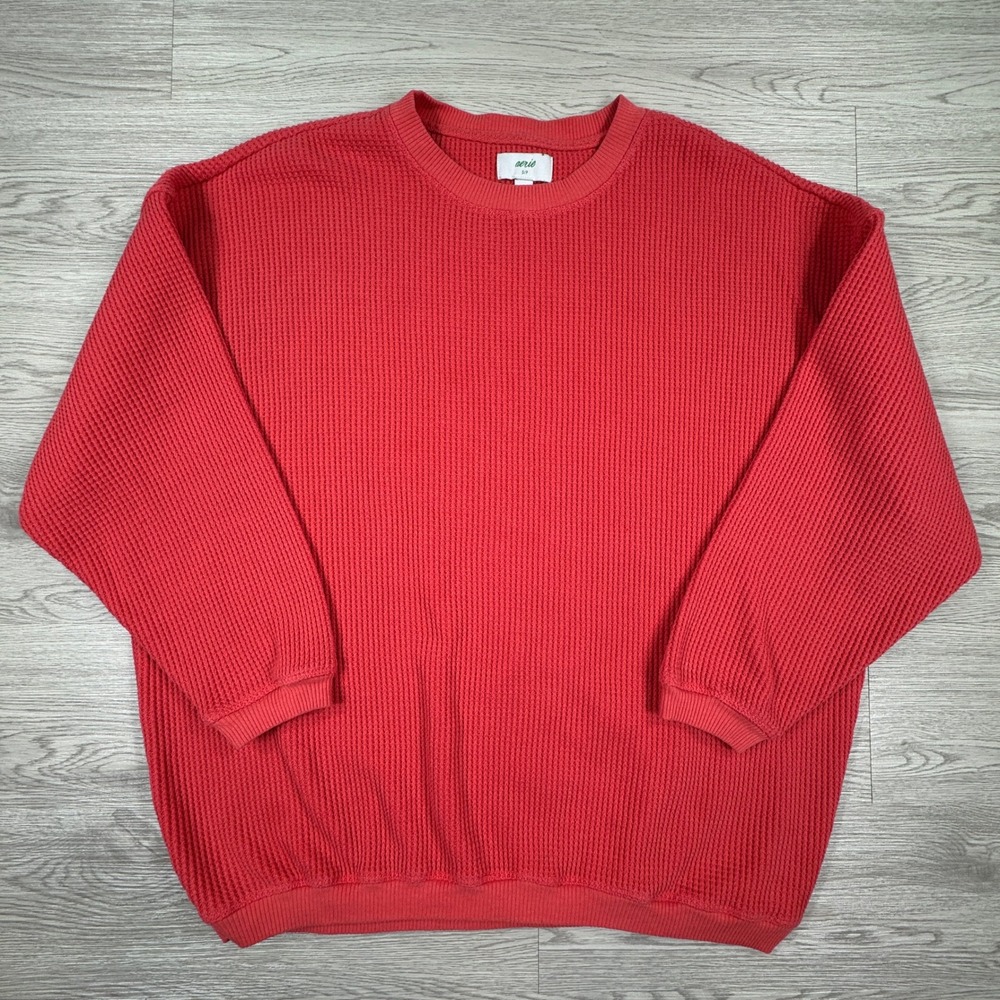 Aerie‎ Women's Sweater Waffle Knit Oversized Coral Red/Orange Small Long Sleeve